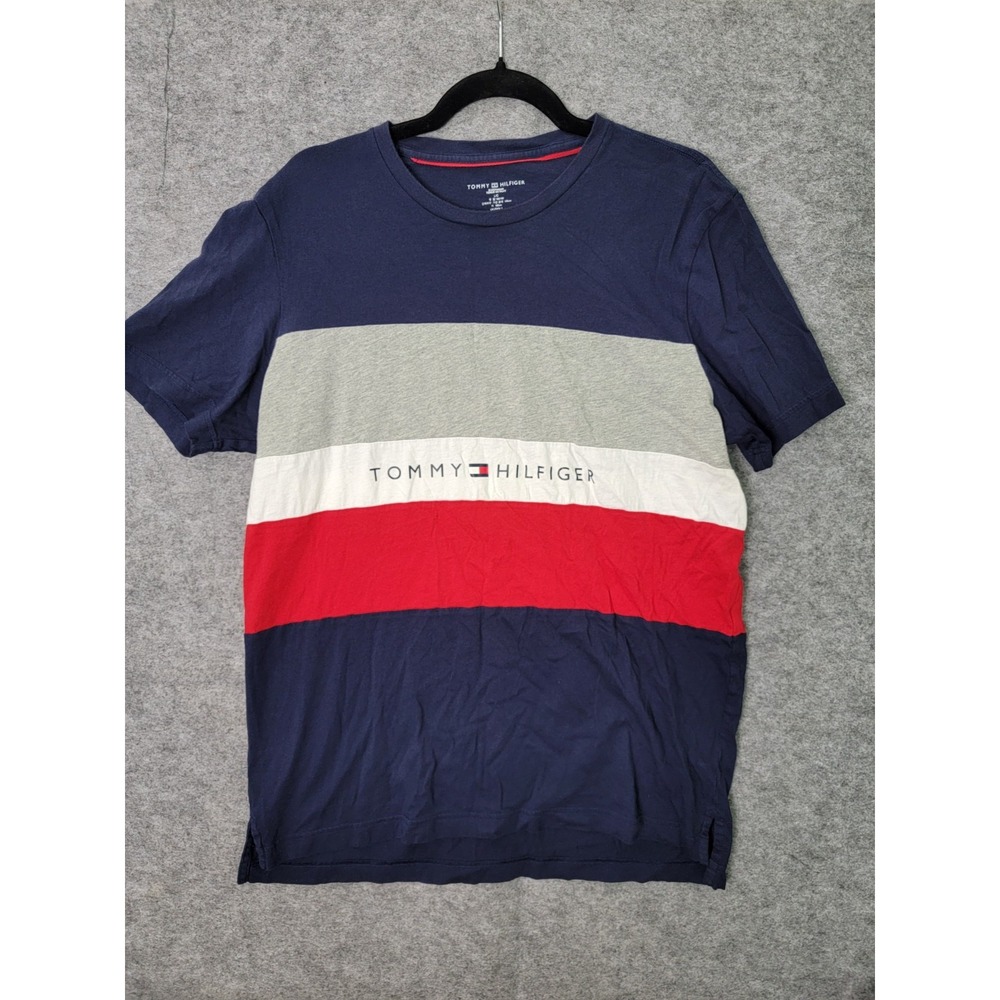 Tommy Hilfiger Men T-Shirt Large Navy Blue Cotton Big Flag Logo Short Sleeve